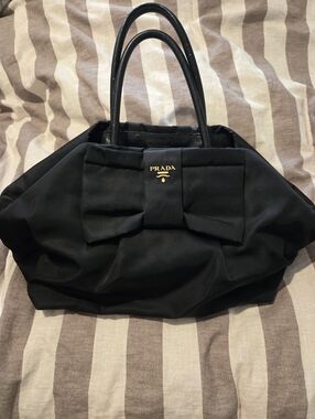 Prada Black Bow Top-Handle Tote with Gold Logo